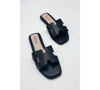 Miss Diva Women's California Faux Leather Textured PU Open Toe Flat Sliders in Black | Size: 7 Miss Diva Black 7