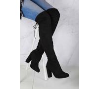 Miss Diva Women's Cinda Block Heel Slim Over Knee Faux Suede Boots in Black | Size: 4 Miss Diva Black 4