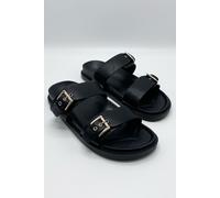 Miss Diva Women's Elise 2 Band Gold Buckle Flat Slider in Black | Size: 7 Miss Diva Black 7