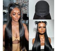 Miss Flower 13x6 Glueless Pull Go Wigs With Drawstring 250 Density Hidden Strap Snug Fit Ultra-thin Invisible Lace Wig Pre Plucked Pre Cut Lace 26Inch Straight Frontal Wigs Human Hair For Women