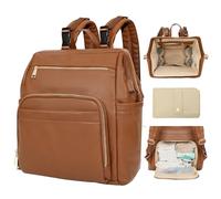 MISS FONG Baby Changing Backpack, Changing Bag, Leather Backpack with Multifunctional Baby Bags, 18 Changing Bag Organiser, Changing Mat, Changing Bag, Pram Hooks, Brown
