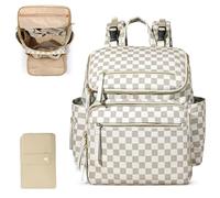 MISS FONG Baby Changing Bags, Changing Backpack Baby Bag Nappy Backpack Diaper Bag for Mom Leather Maternity Large Pregnancy Hospital Bag,4 Insulated Pockets,Changing Mat,Pram-Checkered Beige&Honey