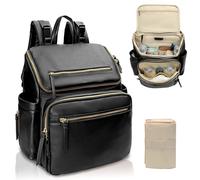 MISS FONG Baby Changing Bags, Changing Bag Backpack Baby Bag Leather Nappy Backpack Diaper Bag for Mom & Dad Multi-Functional Large Capacity with 4 Insulated Pockets, Pram Clips & Changing Mat- Black