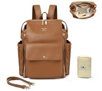 MISS FONG Leather Changing Bag Nappy Backpack,Baby Bags with Changing Mat Diaper Bag for Mum and Dad,Stroller Straps,Insulated Pockets,Brown