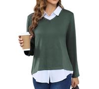MISS FORTUNE Women's V-Neck Fall Winter Sweater Collar 2 in 1 Casual Long Sleeve Patchwork Office Pullover Shirts 2025, A-dark Green, Large