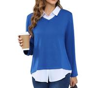 MISS FORTUNE Women's V-Neck Fall Winter Sweater Collar 2 in 1 Casual Long Sleeve Patchwork Office Pullover Shirts 2025, A-blue, XXL
