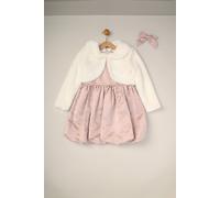 Miss Girl's Bubble Hem Satin Dress, Faux Fur Cardigan & Bow Clip Set in Pink | Size: 4 Years Miss Pink 4 Years