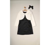 Miss Girl's Satin Shift Dress, Faux Fur Cardigan & Bow Clip Set in Black | Size: 4 Years Miss Black 4 Years