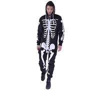 Miss Glam Men Women Unisex Halloween Skeleton Onesie Zipup All in One Hooded Jumpsuit S-XL (L, Black)