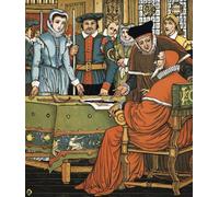 Miss Goody Two-Shoes is brought in front of a magistrate after being accused of witchcraft for having invented a barometer to help farmers predict the weather. After an illustration by Walter Crane