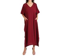 Miss Lavish London Burgundy Kaftan Dress for Women, Maxi Caftan with Pockets, Plus Size Beach Cover Up, Swimsuit Coverup, Resort Wear Cruise Vacation Mumu Dress, V Neck Summer Swimsuit Cover Up - 2XL