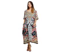 Miss Lavish London Kaftan Dresses for Women Plus Size Long Batwing Sleeve Caftans, V Neck Moo Moo Printed Beach Cover Up Maxi Beach Dress, Bathing Suit Cover-Up Loungewear