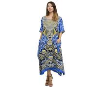 Miss Lavish London Kaftan Dresses for Women Plus Size Long Batwing Sleeve Caftans, V Neck Moo Moo Printed Beach Cover Up Maxi Beach Dress, Bathing Suit Cover-Up Loungewear