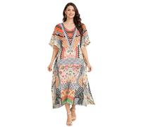 Miss Lavish London Kaftan Dresses for Women Plus Size Long Batwing Sleeve Caftans, V Neck Moo Moo Printed Beach Cover Up Maxi Beach Dress, Bathing Suit Cover-Up Loungewear