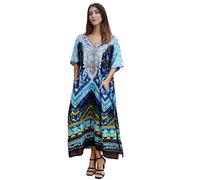 Miss Lavish London Kaftan Dresses for Women Plus Size Long Batwing Sleeve Caftans, V Neck Moo Moo Printed Beach Cover Up Maxi Beach Dress, Bathing Suit Cover-Up Loungewear