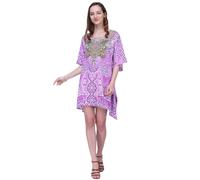 Miss Lavish London Purple Short Kaftan For Women Dress Short Caftans For Women Plus Size Kaftan Tunic Tops Summer Beach Clothing Mini Cover Ups For Ladies, V Neck Short Sleeve Vacation Swimsuit - 3XL