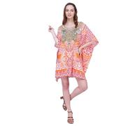 Miss Lavish London Red Short Kaftan For Women Dress Short Caftans For Women Plus Size Kaftan Tunic Tops Summer Beach Clothing Mini Cover Ups For Ladies, V Neck Short Sleeve Vacation Swimsuit - 3XL