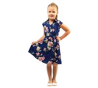 Miss Lavish London Stylish Vintage Collared Button Down Dress for Girls 5-6 Years, Short Sleeve Design, Classic Retro Style, Beautiful Floral Print, Perfect for Family Photos and Events, Navy Color