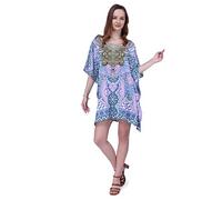 Miss Lavish London Teal Short Kaftan for Women Dress Short Caftans for Women Plus Size Kaftan Tunic Tops Summer Beach Clothing Mini Cover Ups for Ladies, V Neck Short Sleeve Vacation Swimsuit - XL