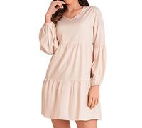 Miss Lavish London V Neck Dress with Long Sleeves Casual Long Sleeve Dress for Women Beige-XL