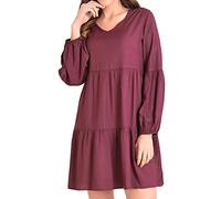 Miss Lavish London V Neck Dress with Long Sleeves Casual Long Sleeve Dress for Women Burgundy-XL