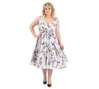 Miss Lavish London Women’s Plus Size Cocktail Dress - 40s 50s Vintage Rockabilly Swing Style - Retro A-Line Party Dress for Curvy Women - Elegant Evening & Wedding Guest Outfit-Floral White,26