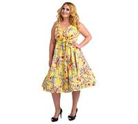 Miss Lavish London Women’s Plus Size Cocktail Dress - 40s 50s Vintage Rockabilly Swing Style - Retro A-Line Party Dress for Curvy Women - Elegant Evening & Wedding Guest Outfit-Bird Yellow,26