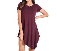 Miss Lavish London Women's Short Flowy Casual Dress - Burgundy Boho Chic Asymmetrical Hem, V-Neck Short Sleeve Summer Sundress 2024, Lightweight Comfortable Dresses, Perfect for Graduation, Small