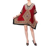 Miss Lavish London Women's Short Kaftan Dress UK - Floral Kimono Tunic, Ladies Boho Summer Kaftans for Beach Cover Up, Holiday or Loungewear, Casual Loose Fit Dresses for Women-Red (K-123)