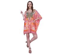 Miss Lavish London Women's Short Kaftan Dress UK - Floral Kimono Tunic, Ladies Boho Summer Kaftans for Beach Cover Up, Holiday or Loungewear, Casual Loose Fit Dresses for Women-Red, 10-16 (K-158)