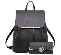 Miss Lulu Backpack Womens with Long Purse Fashion Backpacks Black Backpack Ladies PU Leather Waterproof Daypack Medium School Work Travel