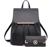 Miss Lulu Backpack Womens with Long Purse Fashion Backpacks Black Backpack Ladies PU Leather Waterproof Daypack Medium School Work Travel Black