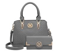 Miss Lulu Top-Handle Bag and Wallet Set, Woven and Chevron Pattern Handbag Shoulder Bag with Matching PU Leather Wallet Both with M Logo (Grey)