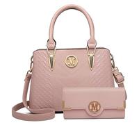 Miss Lulu Top-Handle Bag and Wallet Set, Woven and Chevron Pattern Handbag Shoulder Bag with Matching PU Leather Wallet Both with M Logo (Pink)