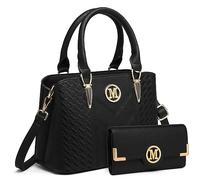 Miss Lulu Handbag for Women, Woven Chevron Top Handle Shoulder Bag | Pebbled PU leather handbag with woven chevron detail, detachable strap, four carry options and space for a 9.7-inch tablet