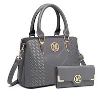 Miss Lulu Handbag for Women, Woven Chevron Top Handle Shoulder Bag | Pebbled PU leather handbag with woven chevron detail, detachable strap, four carry options and space for a 9.7-inch tablet