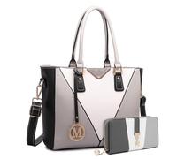 Miss Lulu Handbags for Women with Purse, V-Shape Shoulder Tote Bag Long Wallet Tri Colour 2Pcs, Lightweight Leather Look Medium Handbag