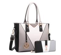 Miss Lulu Handbags for Women with Purse, V-Shape Shoulder Tote Bag Long Wallet Tri Colour 2Pcs, Lightweight Leather Look Medium Handbag