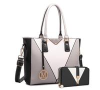 Miss Lulu Handbags for Women with Purse, V-Shape Shoulder Tote Bag Long Wallet Tri Colour 2Pcs, Lightweight Leather Look Medium Handbag