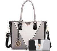 Miss Lulu Top Handle Bag Ladies Handbags for Women Tote Crossbody Bag with Colour Blocking V-Look (Grey+Black)