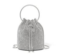 Miss Lulu Ladies Small Evening Bucket Clutch Bag with Shiny Rhinestones, Drawstring Closure and Chain Shoulder Strap - Ideal for Party and Wedding, Silver, Taille unique