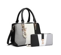 MISS LULU Women Designer Top Handle Bag Fashion Colour Block Shoulder Bag with Pearl and Crystal Style Drop