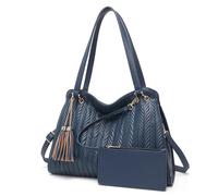 Miss Lulu Women Handbag Fashion Hobo Shoulder Bag, Large Capacity Top Handle Bags with Multi Pocket, Faux Leather Shoulder Bag Elegant with Tassels and Woven pattern (Navy)
