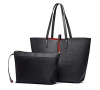 Miss Lulu Women Handbag Set Shoulder Bag 2 Piece Tote Bag, Synthetic Leather, Reversible Use, Large Capacity, Can Hold 9.7' Tablet, A4 Item, Reinforce Handle, Black-reinforce