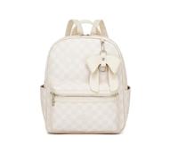 Miss Lulu Women’s Checkerboard Backpack, Waterproof PVC Ladies Rucksack with Removable Bow Charm, Lightweight Elegant Daypack Fits 11 Inch iPad for School Travel Day Trips (Beige)