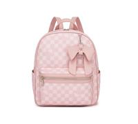 Miss Lulu Women’s Checkerboard Backpack, Waterproof PVC Ladies Rucksack with Removable Bow Charm, Lightweight Elegant Daypack Fits 11 Inch iPad for School Travel Day Trips (Pink)