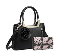 Miss Lulu Women's Handbag with Flowers Wallet, Shoulder Bag, Elegant Faux Leather, Retro Bag