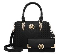 Miss Lulu Top-Handle Bag and Wallet Set, Woven and Chevron Pattern Handbag Shoulder Bag with Matching PU Leather Wallet Both with M Logo (Black)