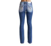 Miss Me - Womens 32" Intricate Wing Mid-Rise Bootcut Jeans, Color Dark Blue, Size: 29W x 32L