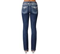 Miss Me - Womens 34" Fleur De Lis Mid-Rise Slim Bootcut Jeans, Color Dark Blue, Size: 26W x 34L